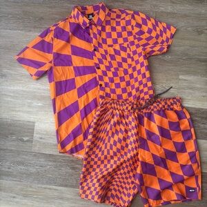 Neff Mens M Daze Orange Checkered Short Sleeves Button Up + Board Shorts